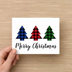 Merry Christmas plaid christmas trees greeting card